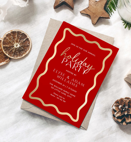 Printable Holiday Party Invitation Template, Modern Wave Curvy Line, Editable Christmas Party Invitation, Xmas Party Evite