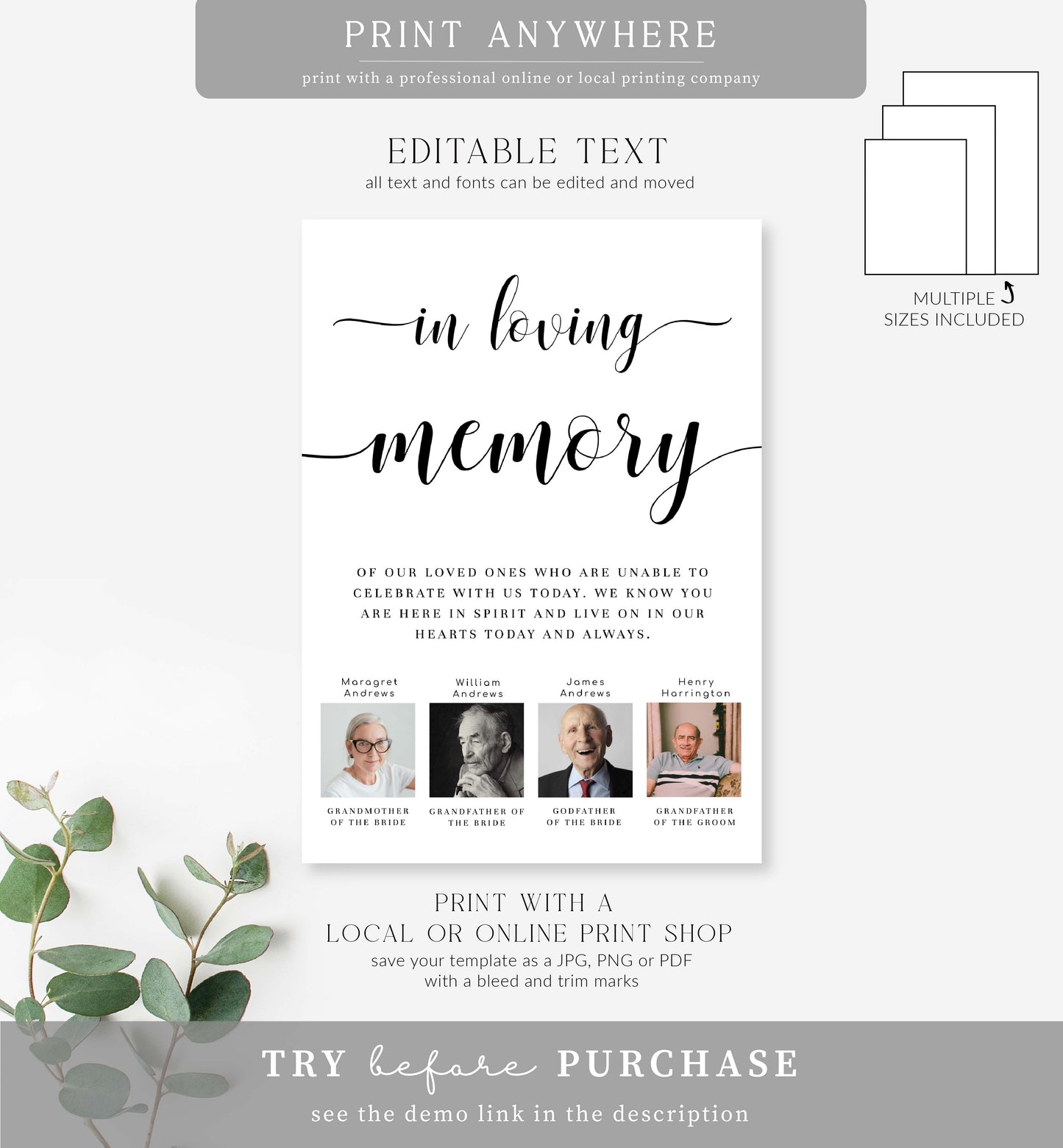 Printable Custom Photo In Loving Memory Sign, Modern Minimal Wedding Memorial Sign Template, Editable Photo Remembrance Sign, Leyton Script