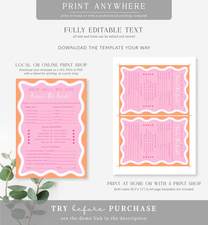 Wave Pink Orange | Printable Bridal Shower Trivia Game Template