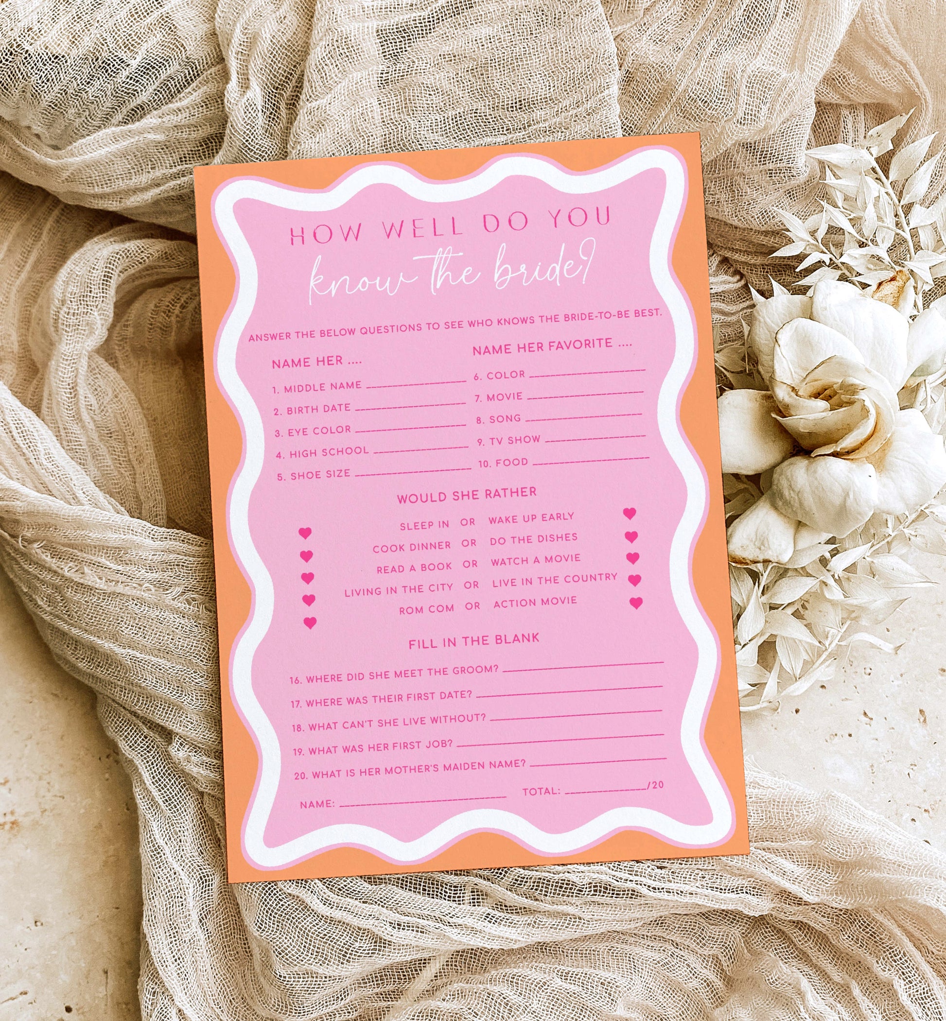 How Well Do You Know The Bride Game, Printable Bridal Shower Trivia Game, Modern Curvy Line Wedding Shower Bridal Quiz Game Pink Orange Wave