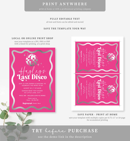 Wave Hot Pink Silver | Printable Last Disco Bachelorette Invitation Template