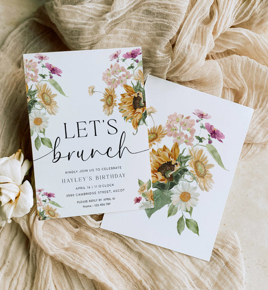 Let's Brunch Invite, Sunflower Fall Floral Birthday Brunch Party Invite, Printable Girls Birthday Party Invite, Ladies Lunch Invite, Mews