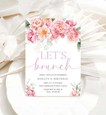 Let's Brunch Invite, Pink Peony Floral Birthday Brunch Party Invite, Printable Girls Birthday Party Invite, Ladies Lunch Invite, Piper