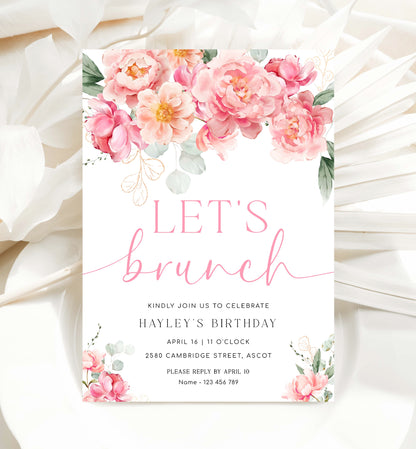 Let's Brunch Invite, Pink Peony Floral Birthday Brunch Party Invite, Printable Girls Birthday Party Invite, Ladies Lunch Invite, Piper