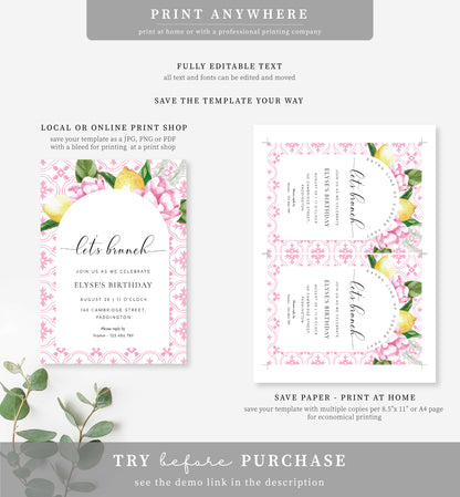 The Med Arch Pink Lemons | Printable Brunch Birthday Invitation Template