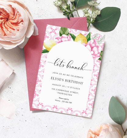 The Med Arch Pink Lemons | Printable Brunch Birthday Invitation Template