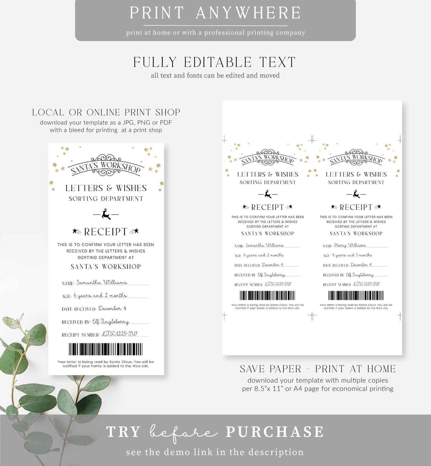 Santa's Workshop White | Printable Letter To Santa Receipt Template