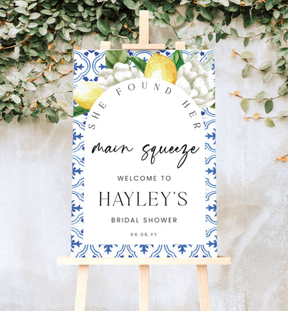 She Found Her Main Squeeze Welcome Sign, Arch Mediterranean Blue Tile Lemons, Printable Bridal Shower Welcome Sign, The Med