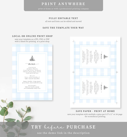 Gingham Blue Sailing Boat | Printable Menu Template