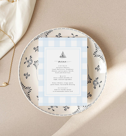 Gingham Blue Sailing Boat | Printable Menu Template