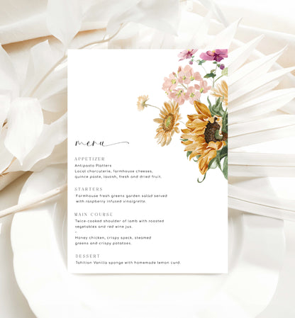 Printable Menu Template, Sunflower Floral Autumn Floral Wedding Table Menu, Fall Baby Shower Menu, Fall Floral Bridal Shower Menu, Mews