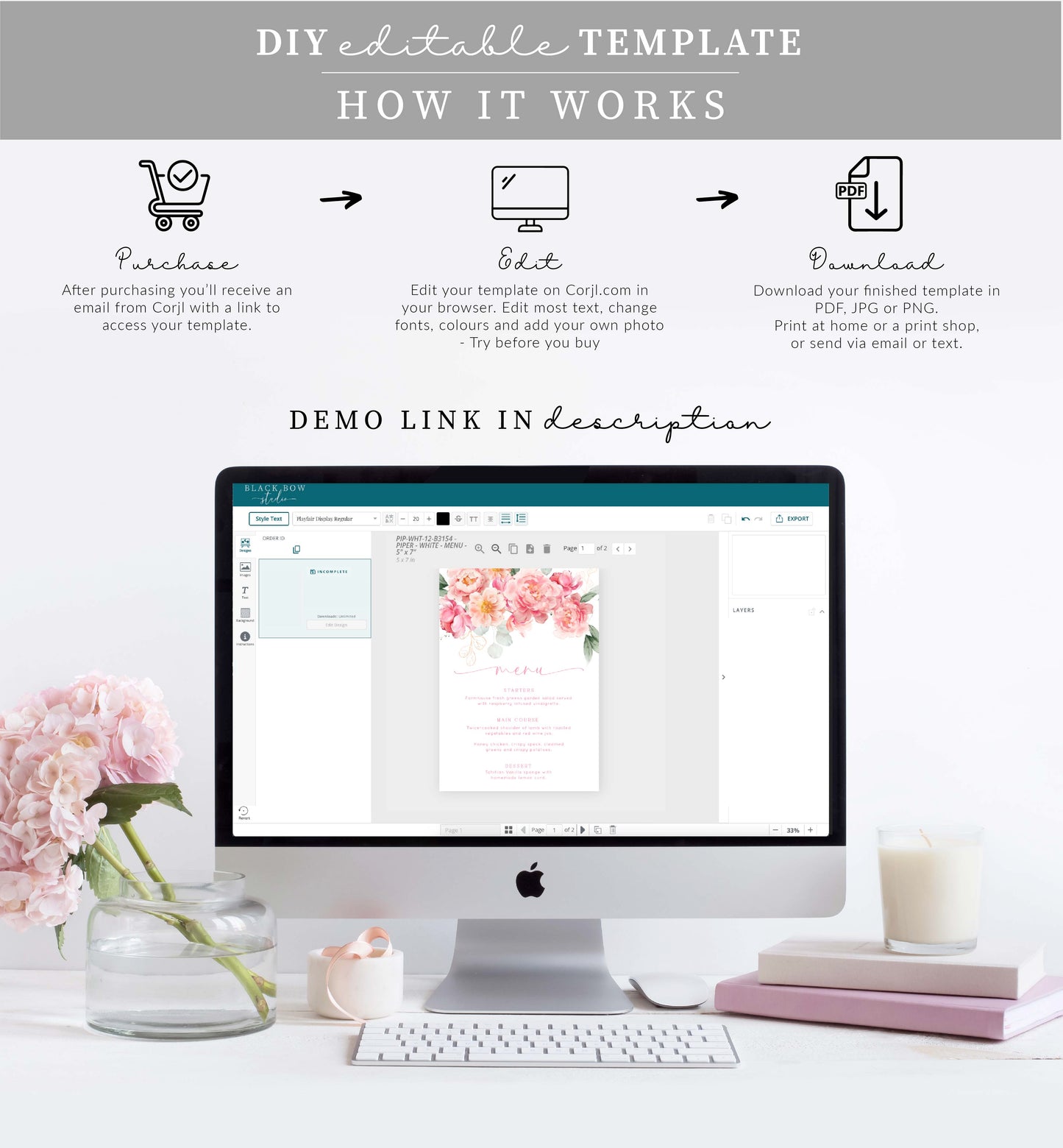 Piper Floral White | Printable Menu Template