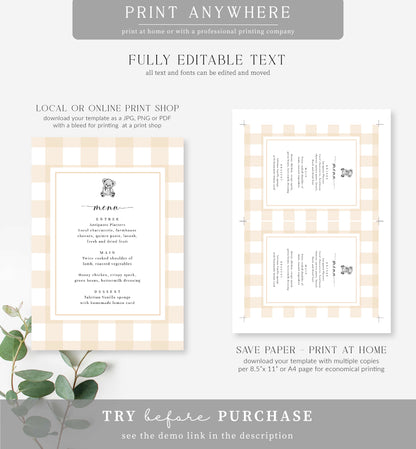 Gingham Tan Teddy Bear | Printable Menu Template