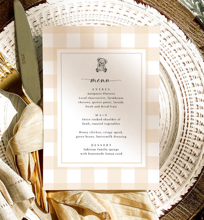 We Can Bearly Wait baby Shower, Tan Gingham Menu Template, Beige Baby Shower Table Menu, Printable Menu Template, Teddy Bear, Baby Boy Shower, Gender Neutral Baby Shower