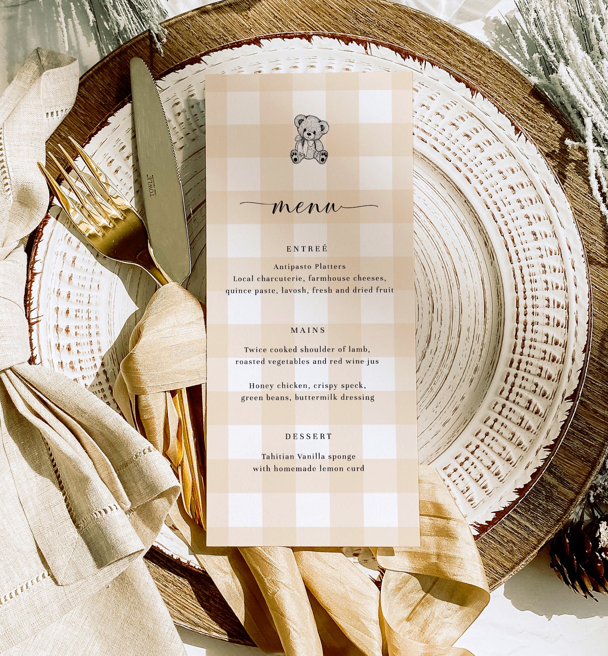 We Can Bearly Wait baby Shower, Tan Gingham Menu Template, Beige Baby Shower Table Menu, Printable Menu Template, Teddy Bear, Baby Boy Shower, Gender Neutral Baby Shower