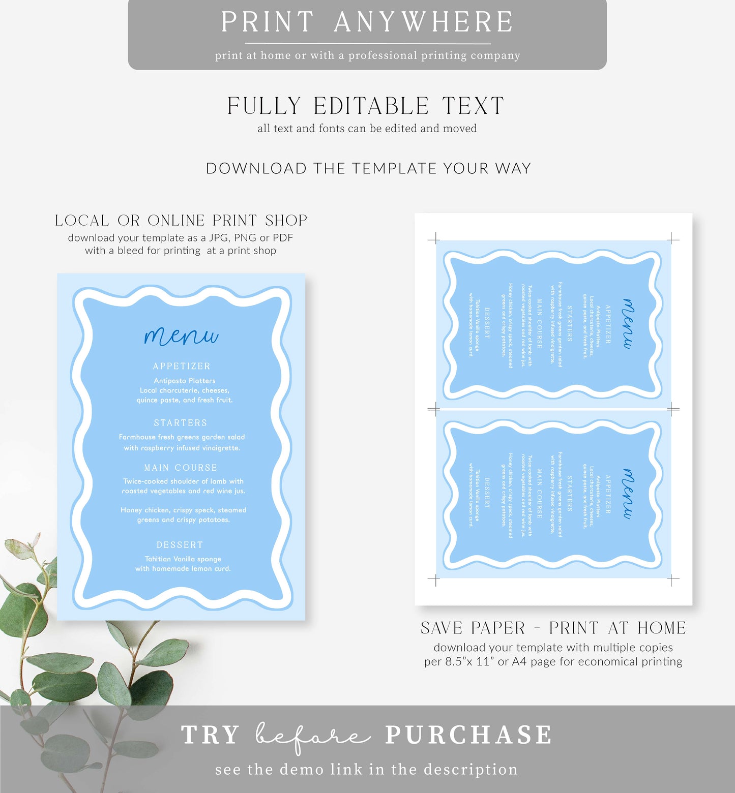 Wave Blue | Printable Menu Template