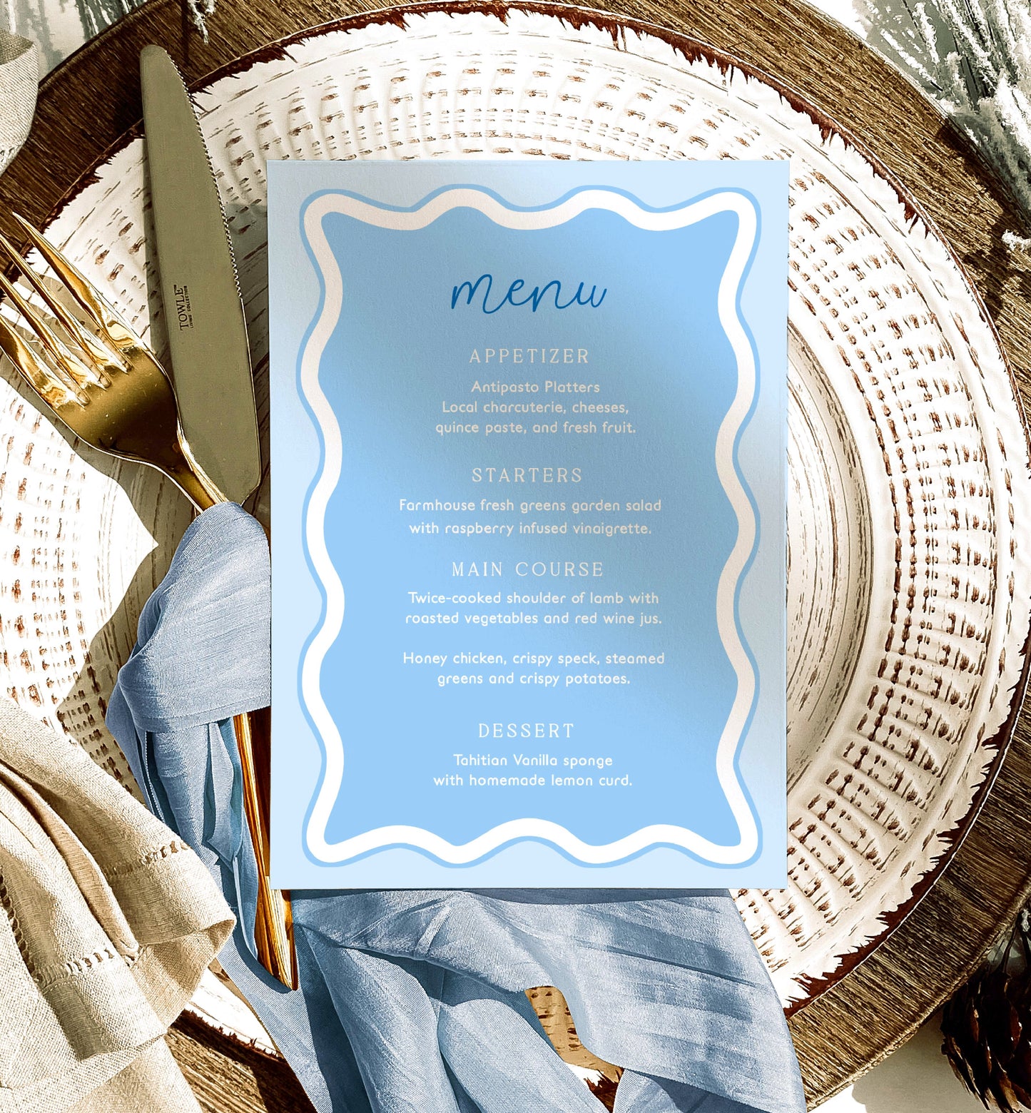 Editable Menu Template, Blue Baby Shower Table Menu, Printable Editable Baby Brunch Menu, Baby Boy Shower Menu, Modern Curvy Wave Line