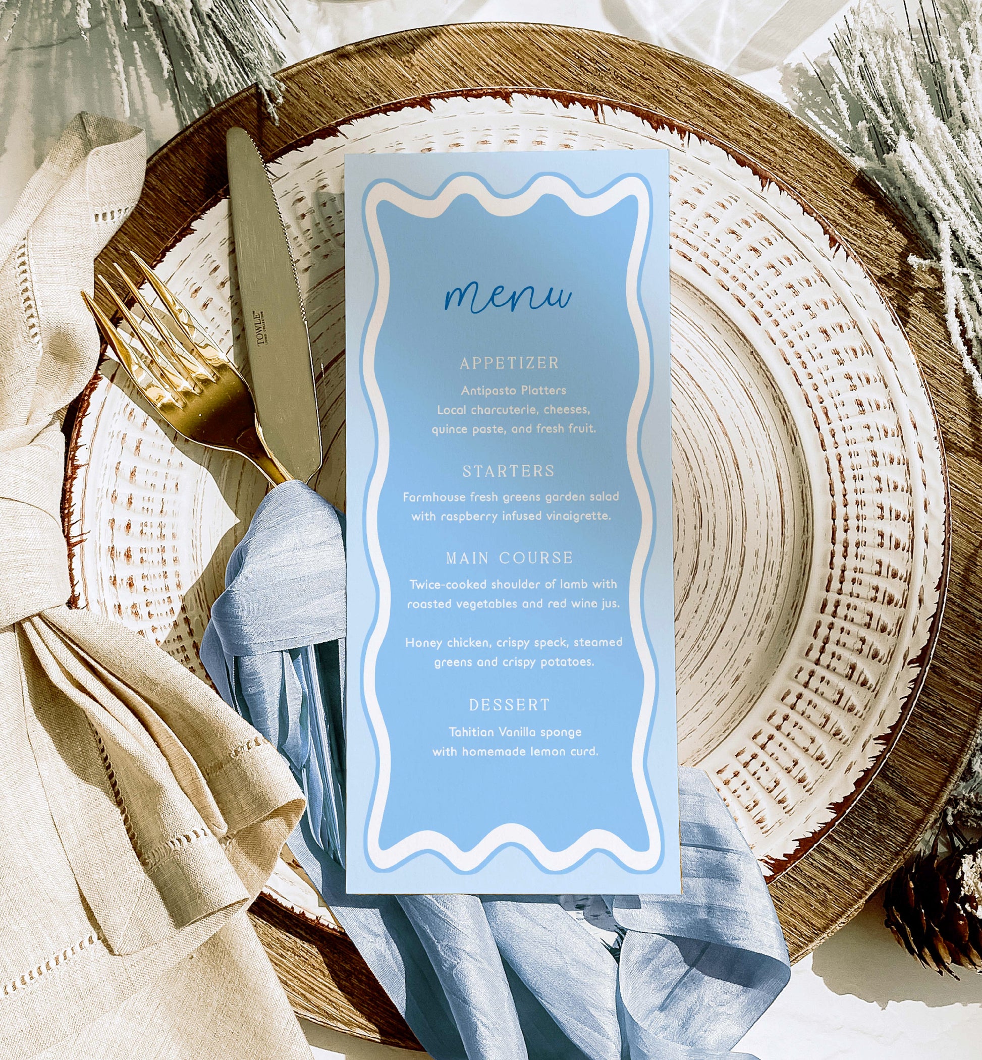 Editable Menu Template, Blue Baby Shower Table Menu, Printable Editable Baby Brunch Menu, Baby Boy Shower Menu, Modern Curvy Wave Line