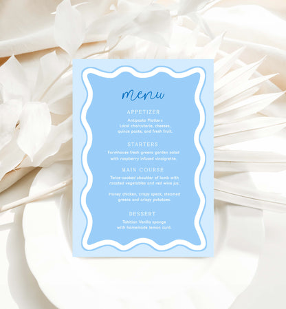 Editable Menu Template, Blue Baby Shower Table Menu, Printable Editable Baby Brunch Menu, Baby Boy Shower Menu, Modern Curvy Wave Line