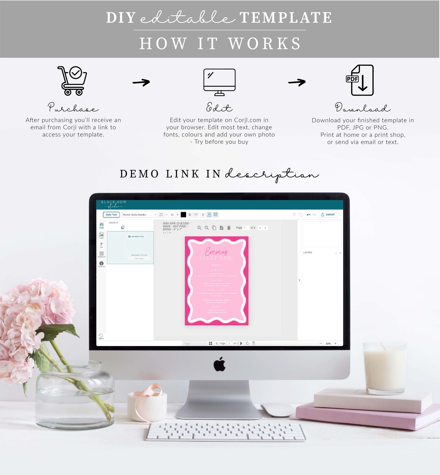 Wave Hot Pink| Printable Menu Template