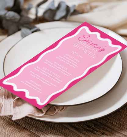 Printable Bridal Shower Menu Template, Wave Curvy Line, Hot Pink, Editable Hens Party Menu, Baby Shower Menu, Brunch Menu, Lunch Menu