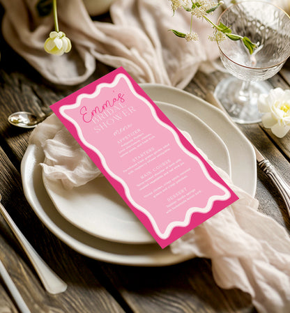 Printable Bridal Shower Menu Template, Wave Curvy Line, Hot Pink, Editable Hens Party Menu, Baby Shower Menu, Brunch Menu, Lunch Menu