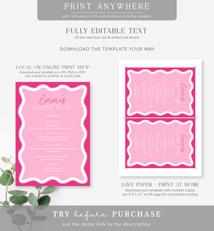 Wave Hot Pink| Printable Menu Template