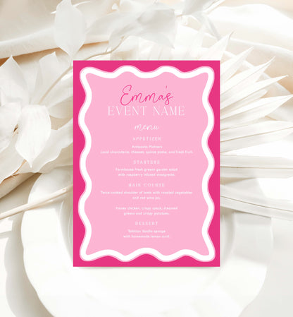 Printable Bridal Shower Menu Template, Wave Curvy Line, Hot Pink, Editable Hens Party Menu, Baby Shower Menu, Brunch Menu, Lunch Menu