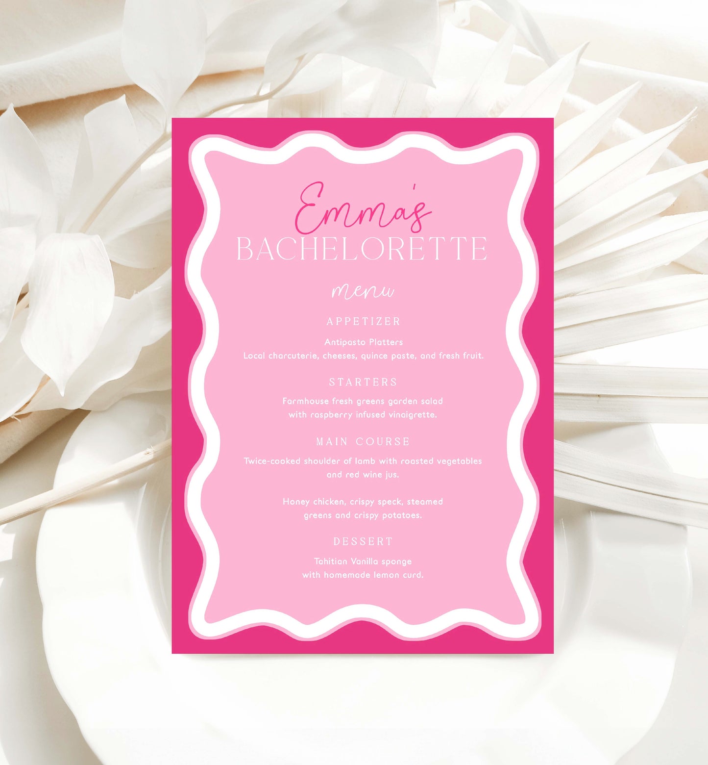 Printable Bridal Shower Menu Template, Wave Curvy Line, Hot Pink, Editable Hens Party Menu, Baby Shower Menu, Brunch Menu, Lunch Menu