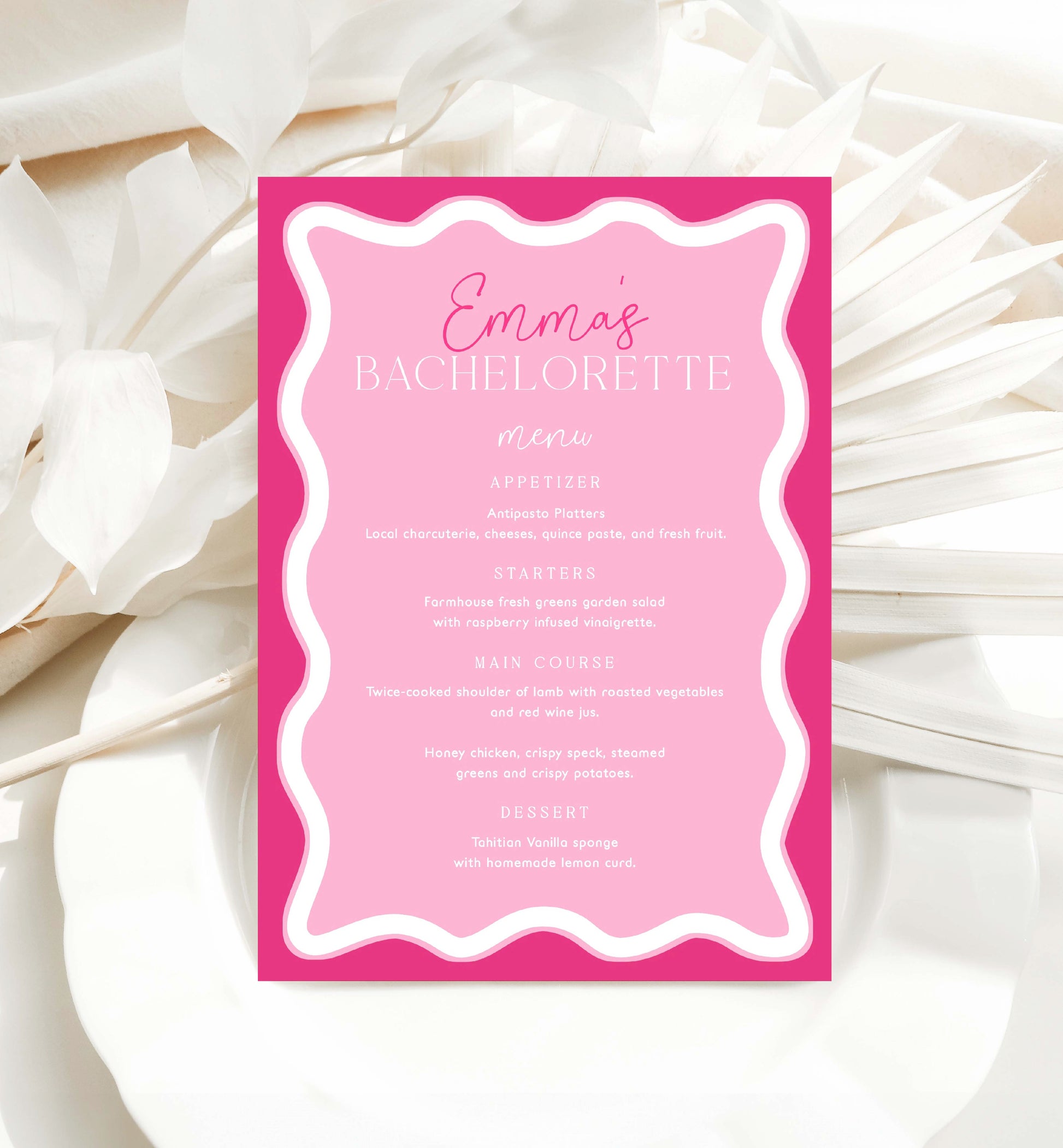 Printable Bridal Shower Menu Template, Wave Curvy Line, Hot Pink, Editable Hens Party Menu, Baby Shower Menu, Brunch Menu, Lunch Menu