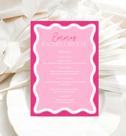 Printable Bridal Shower Menu Template, Wave Curvy Line, Hot Pink, Editable Hens Party Menu, Baby Shower Menu, Brunch Menu, Lunch Menu