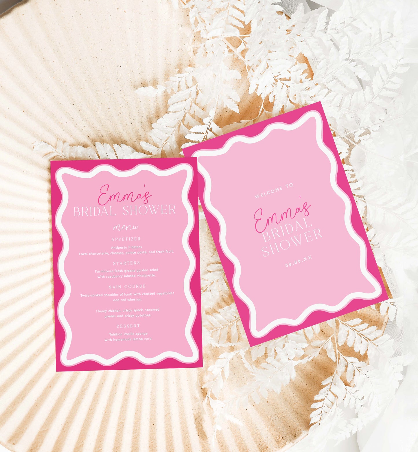 Printable Bridal Shower Menu Template, Wave Curvy Line, Hot Pink, Editable Hens Party Menu, Baby Shower Menu, Brunch Menu, Lunch Menu