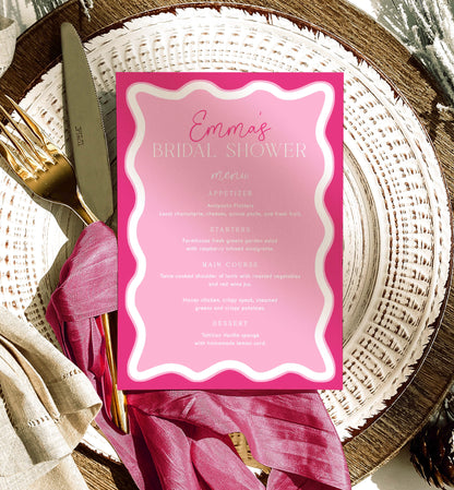 Printable Bridal Shower Menu Template, Wave Curvy Line, Hot Pink, Editable Hens Party Menu, Baby Shower Menu, Brunch Menu, Lunch Menu