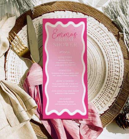 Printable Bridal Shower Menu Template, Wave Curvy Line, Hot Pink, Editable Hens Party Menu, Baby Shower Menu, Brunch Menu, Lunch Menu