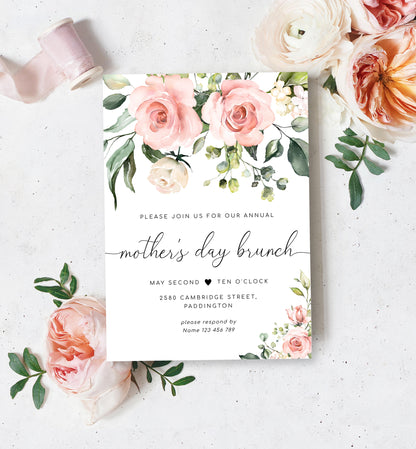 Blush Floral Mother's Day Brunch Invitation Editable Template, DIY Printable Mother's Day Lunch Invitation, Darcy Floral