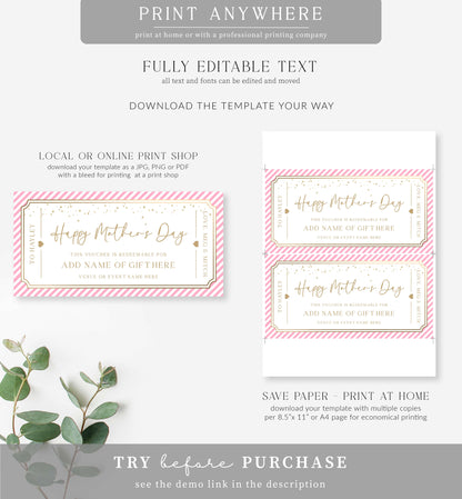 Stripe Pink Gold | Printable Mother's Day Gift Voucher Template