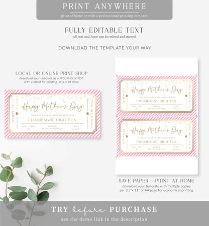 Paintly Pink Gold | Printable Mother's Day HigH Tea Gift Voucher Template