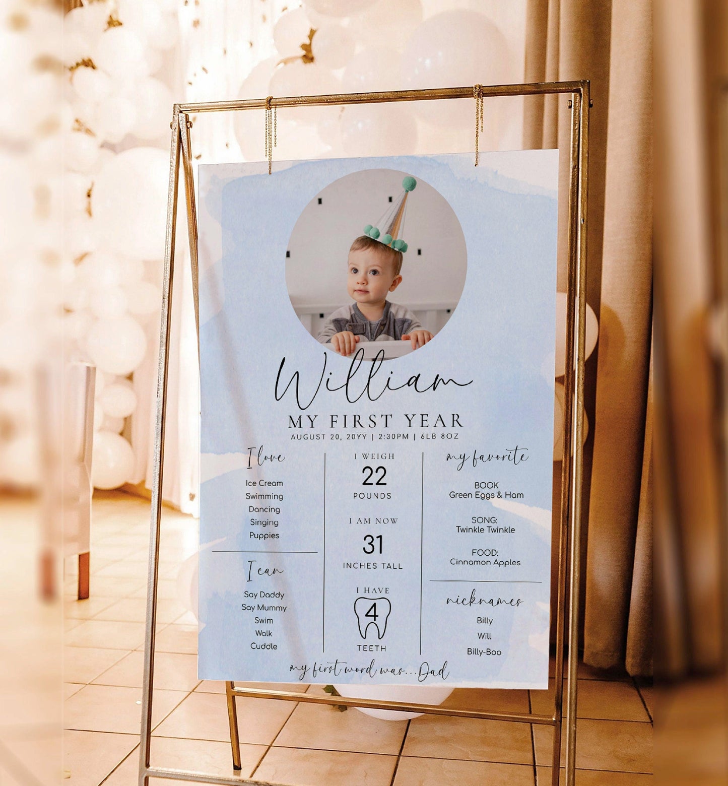 Blue Watercolour Photo First Birthday Milestone Board, Printable Baby's First Year Milestone Poster, 12 Months Milestone Photo Sign