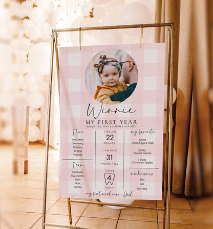 Printable Baby Milestone Board, Pink Gingham Check, Baby's First Year Poster, 1st Birthday 12 Months Milestone Photo Banner Sign