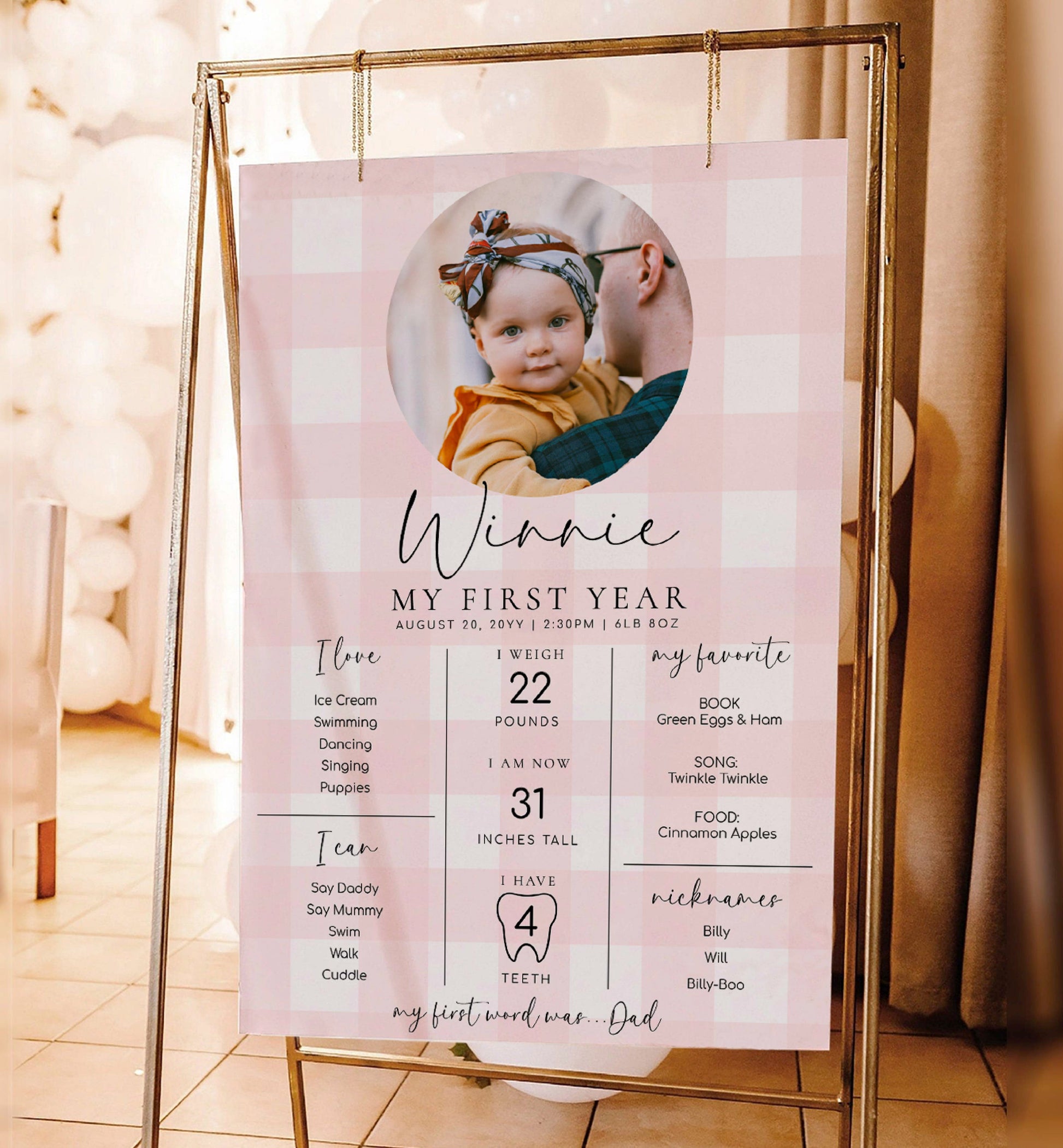 Printable Baby Milestone Board, Pink Gingham Check, Baby's First Year Poster, 1st Birthday 12 Months Milestone Photo Banner Sign