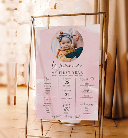 Pink Watercolour Photo First Birthday Milestone Board, Printable Baby's First Year Milestone Poster, 12 Months Milestone Photo Sign