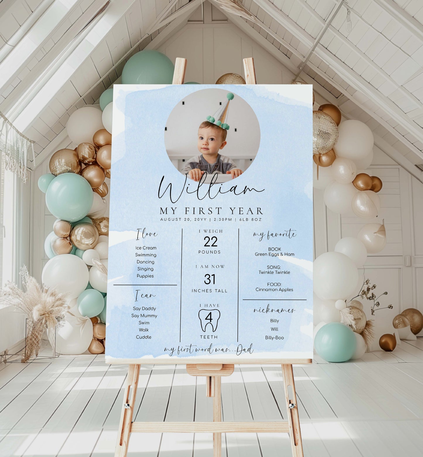 Blue Watercolour Photo First Birthday Milestone Board, Printable Baby's First Year Milestone Poster, 12 Months Milestone Photo Sign