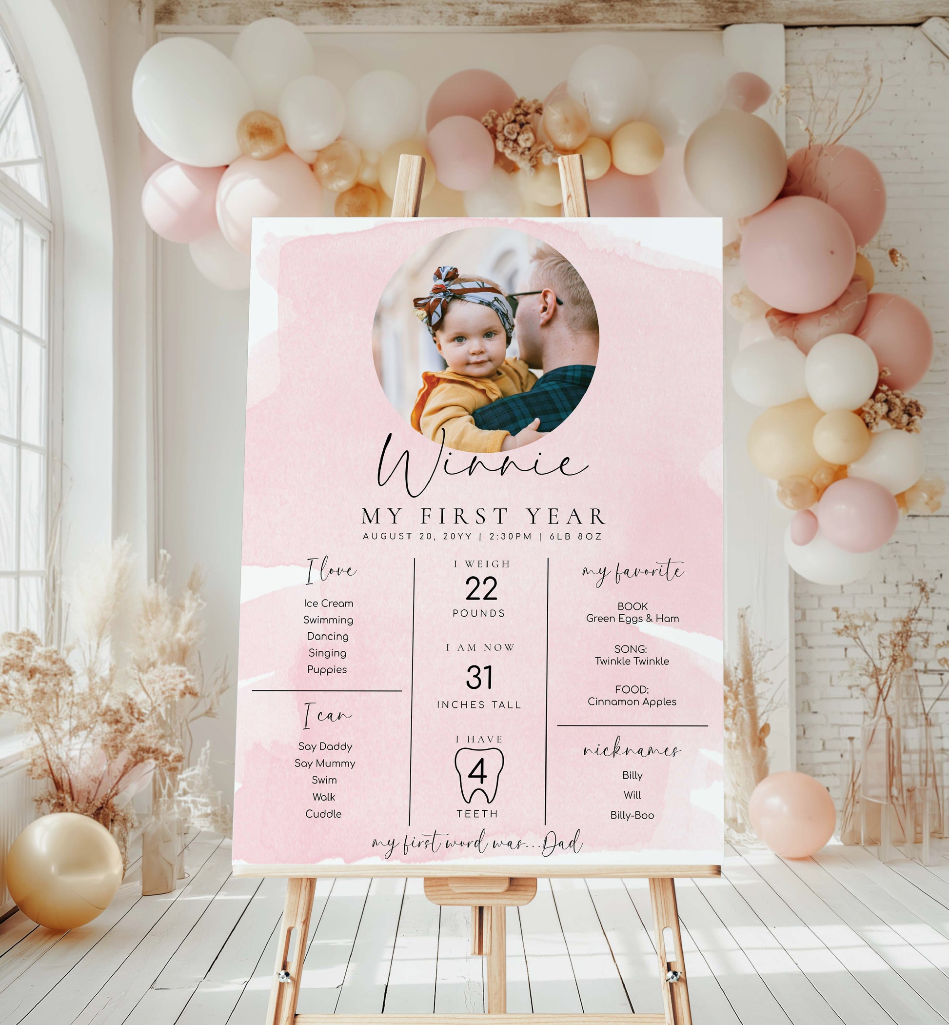 Pink Watercolour Photo First Birthday Milestone Board, Printable Baby's First Year Milestone Poster, 12 Months Milestone Photo Sign