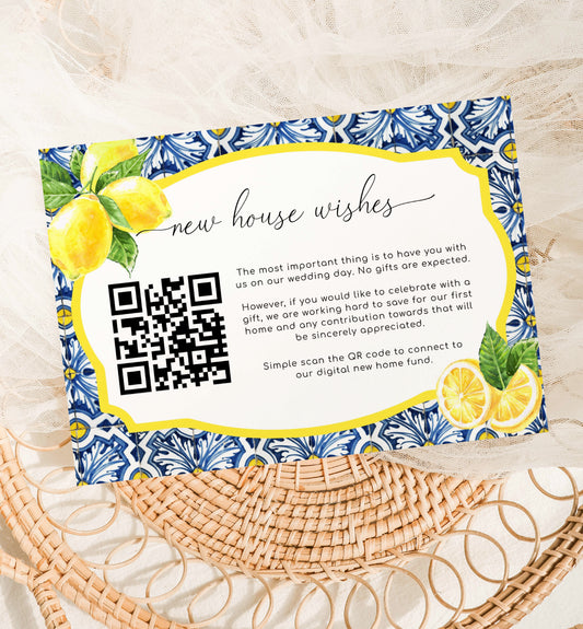 Positano Blue Tile Lemons | Printable QR New Home Fund Card Template