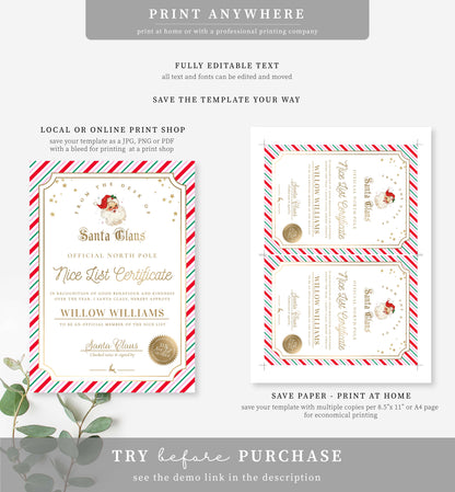 Santa's Workshop Pink Multi | Printable Christmas Nice List Certificate Template