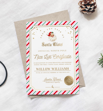 Printable Nice List Certificate Template, Approved Nice List Member Letter From Santa Claus, North Pole Mail Christmas Nice List, Stripe