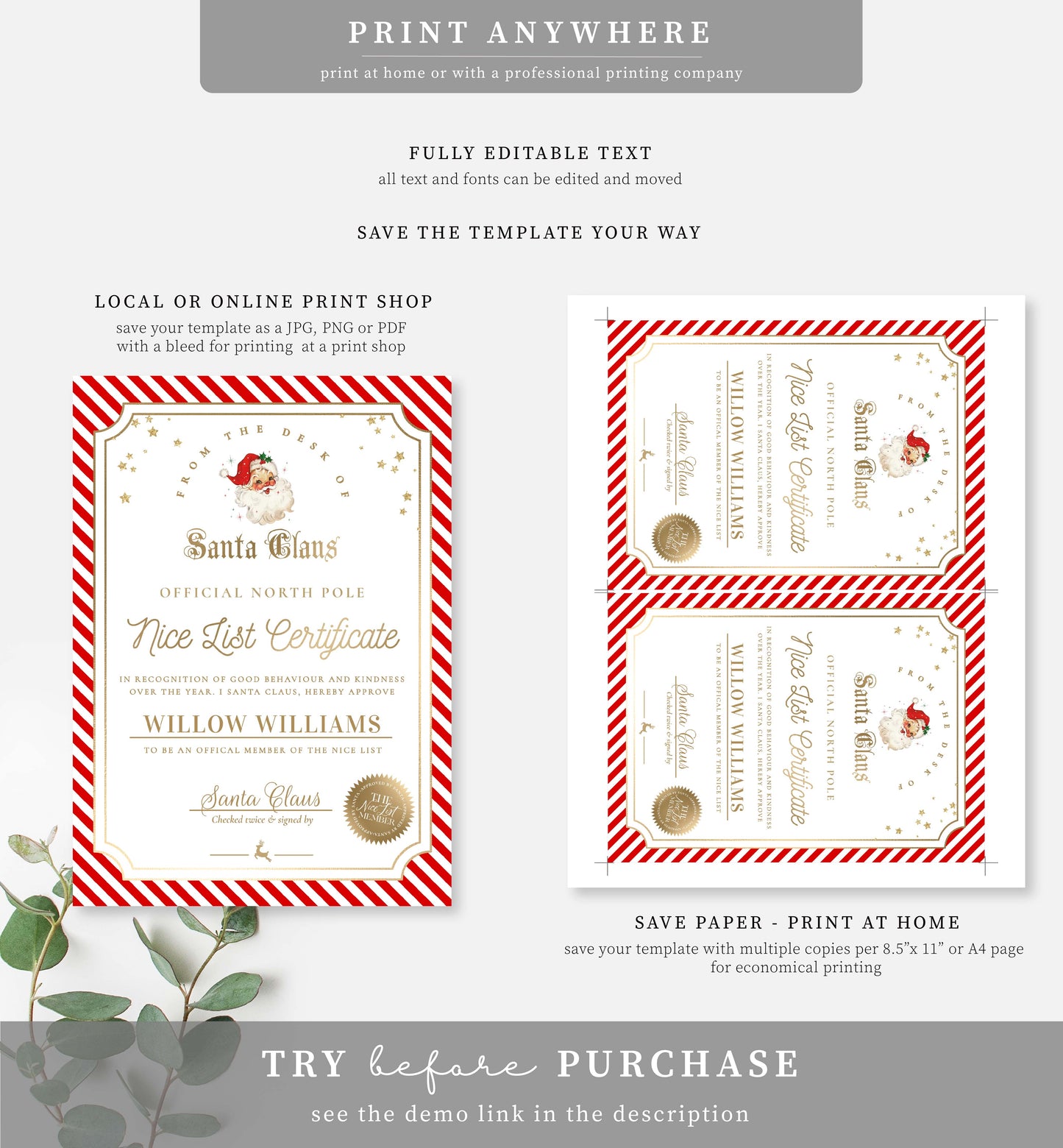 Santa's Workshop Red | Printable Christmas Santa Letter and Nice List Certificate Template