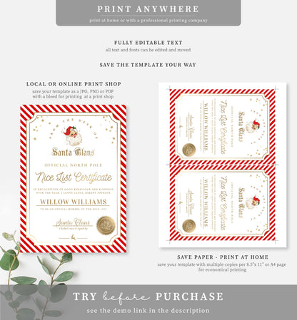 Santa's Workshop Red | Printable Christmas Nice List Certificate Template