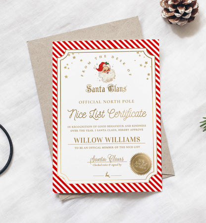 Printable Nice List Certificate Template, Approved Nice List Member Letter From Santa Claus, North Pole Mail Christmas Nice List, Stripe