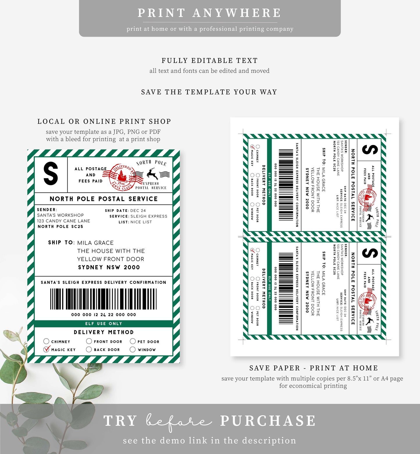 Santa's Workshop Green | Printable Christmas Shipping Label Template